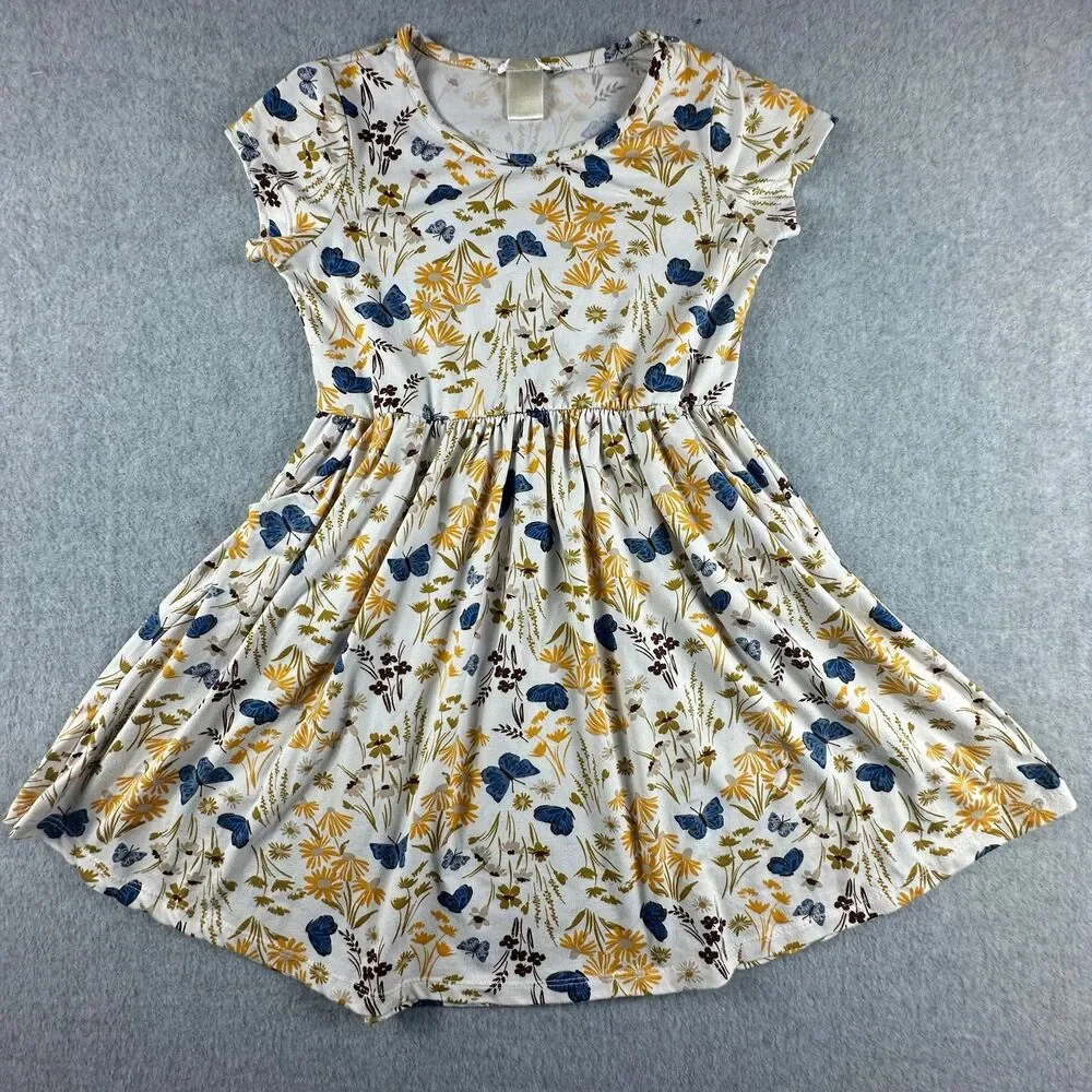 Girls Size 8 Butterfly Floral Dress Ivory Mustard Blue Pockets Fall